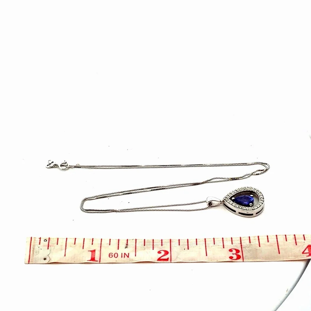 Designer RCI 14K White Gold Floating Tanzanite Pear Diamond Accent Halo Necklace